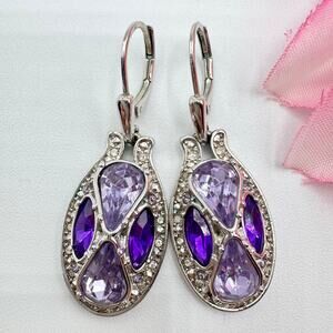 NVC Purple Lavender Rhinestone Leverback Earrings Signed Jeweled Silver Tone